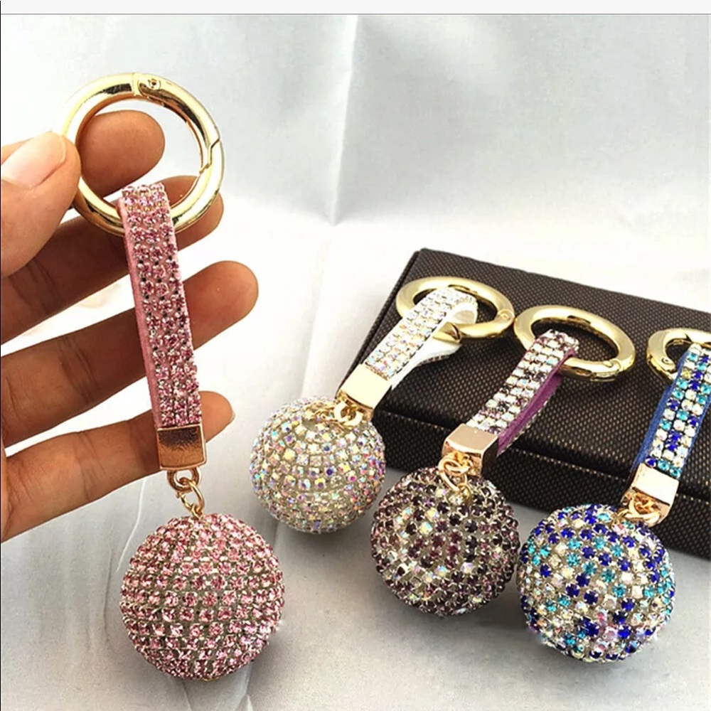 Crystal Rhinestone Ball Leather Strap Key Ring - Picture 2 of 7